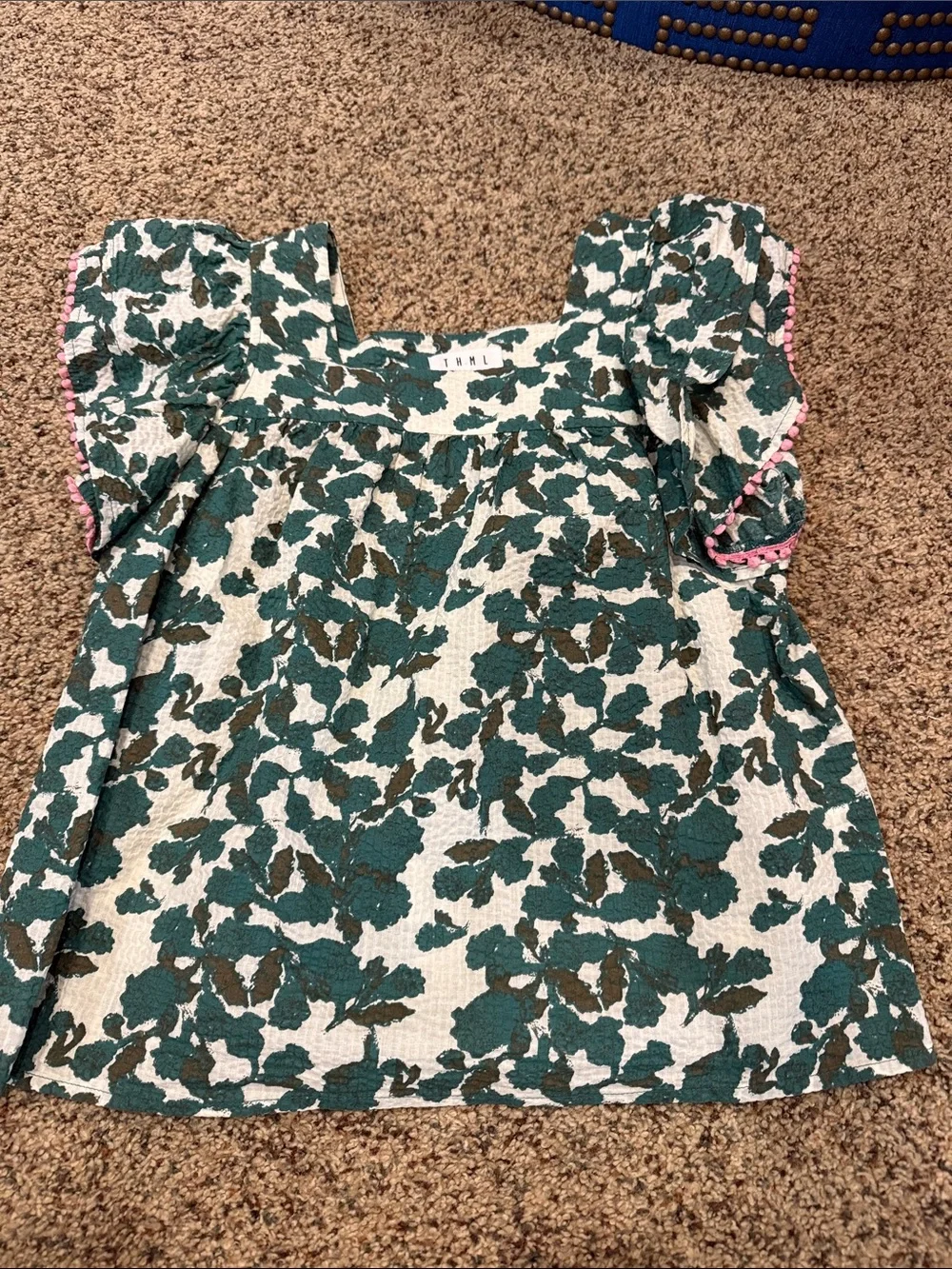 THML Green Floral Puff Sleeve Top with Pink Trim